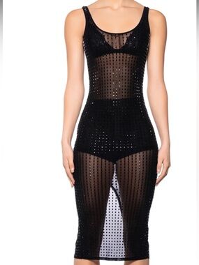 AKIRA Black Bejeweled Bodycon Midi Dress | Sheer Sparkling Detail | Size M